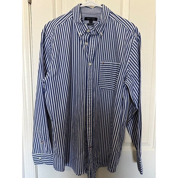 TOMMY HILFILGER Blue & White Striped Button Shirt Size Large - Picture 1 of 3